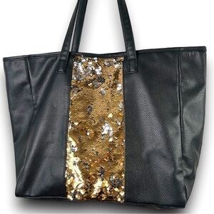 BLACK Vegan Leather Silver Gold Sequin Oversized Tote Shopping Bag